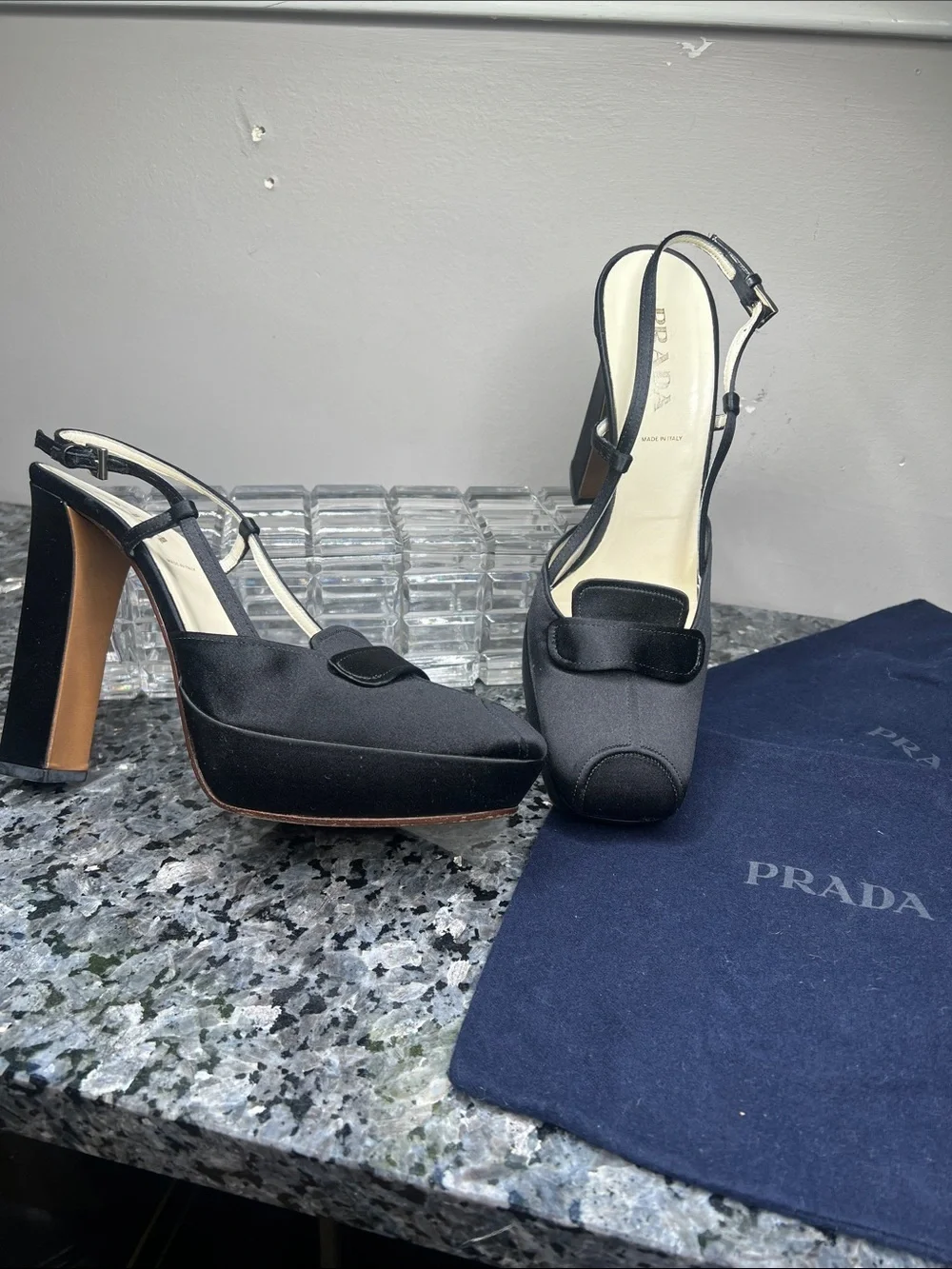 Prada Sz 38 Black Silk 4.5” Wrapped Block Heel Square Toe Heels Shoes